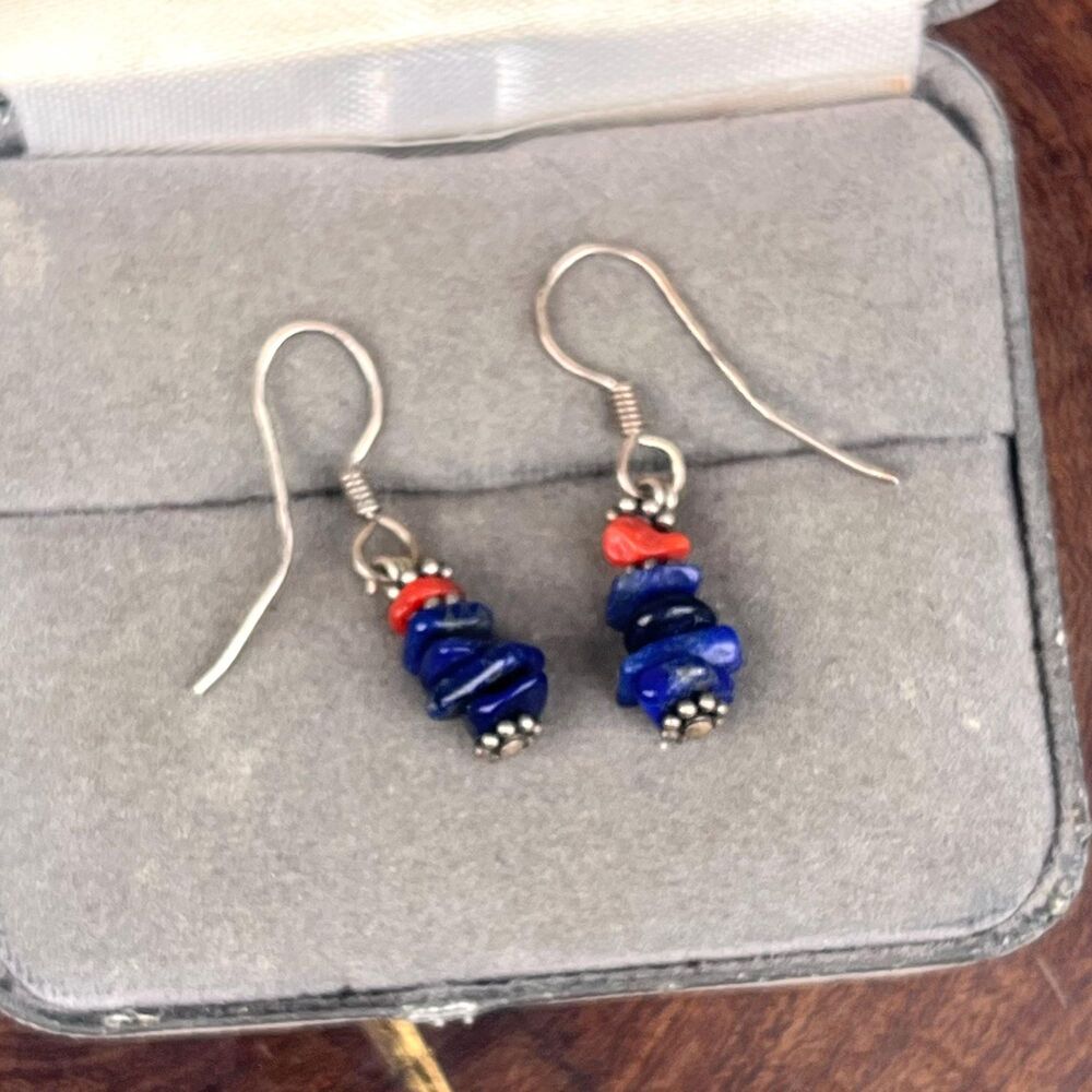 Vintage Lapis Lazuli  Earrings with Red Coral 925silver